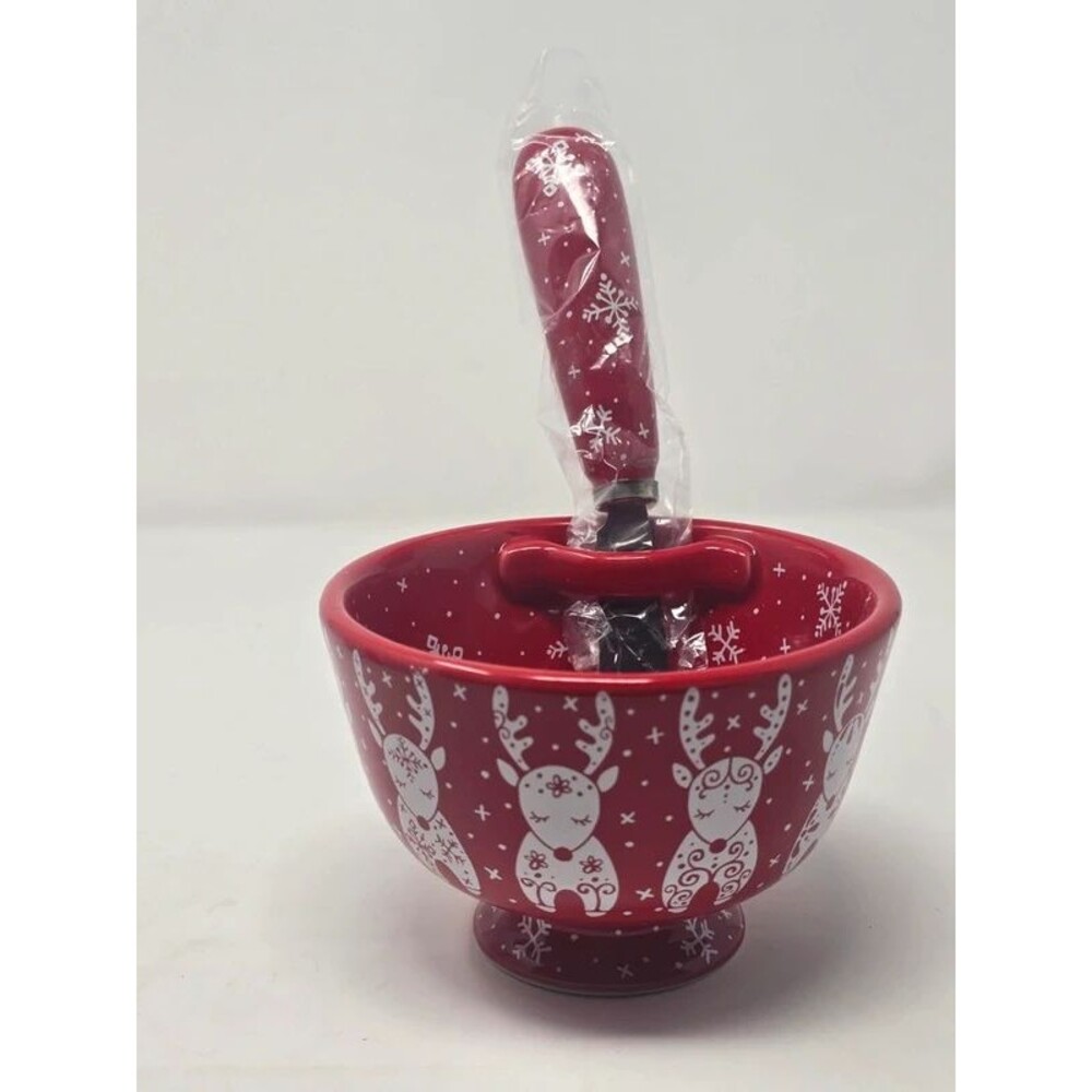 Festive Christmas Reindeer Ceramic Dip Bowl Set with Spreader and Gift Box
